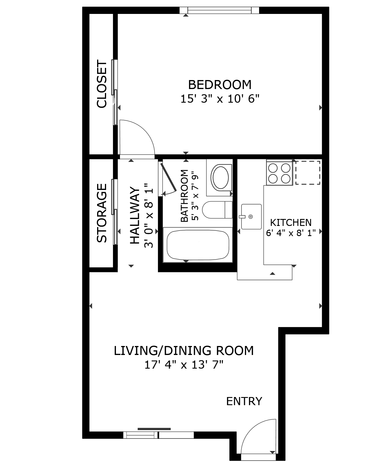 Noro apartment black and white 1 bedroom floor plan with room dimensions 