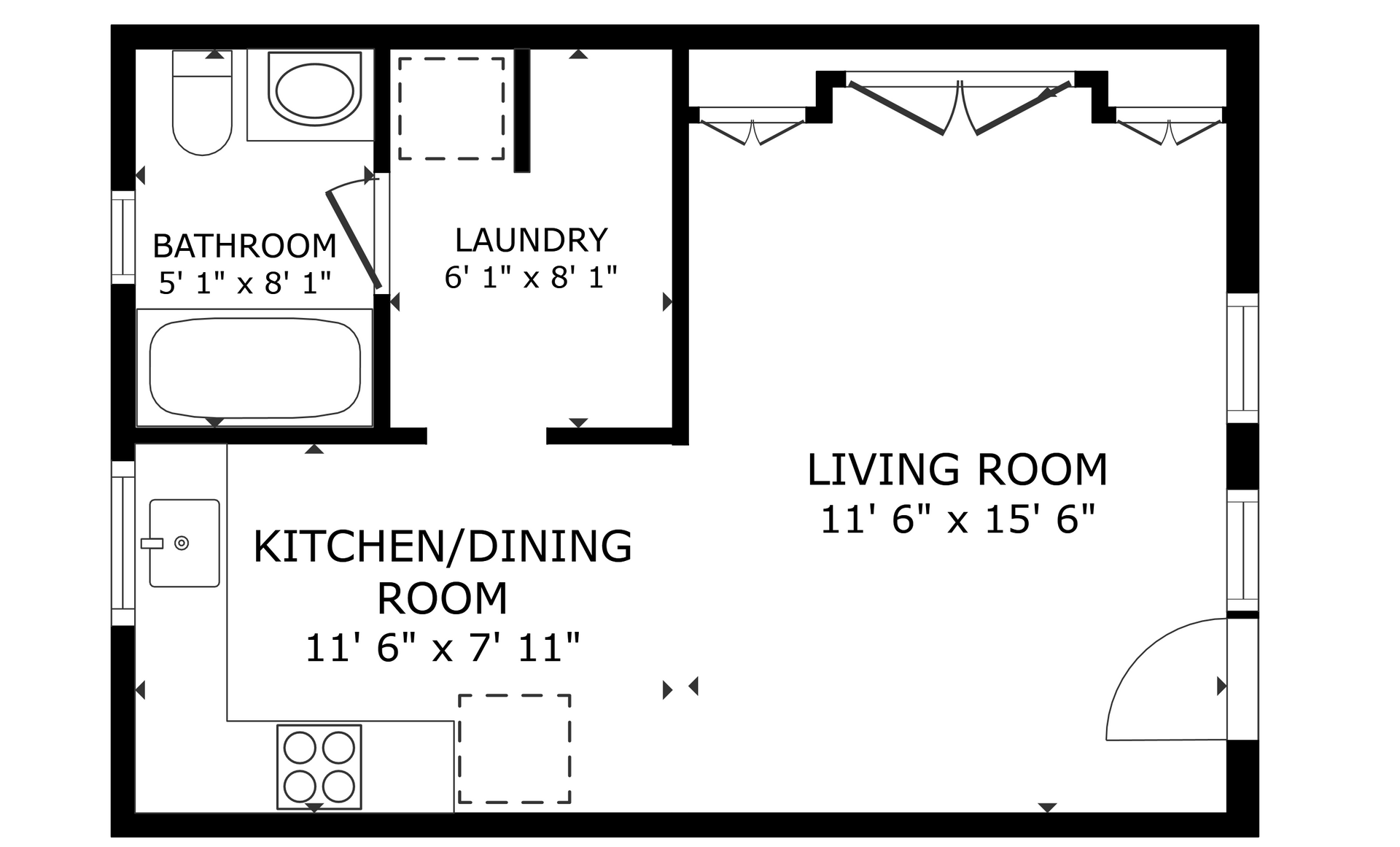 apartment black and white floor plan with room dimensions 
