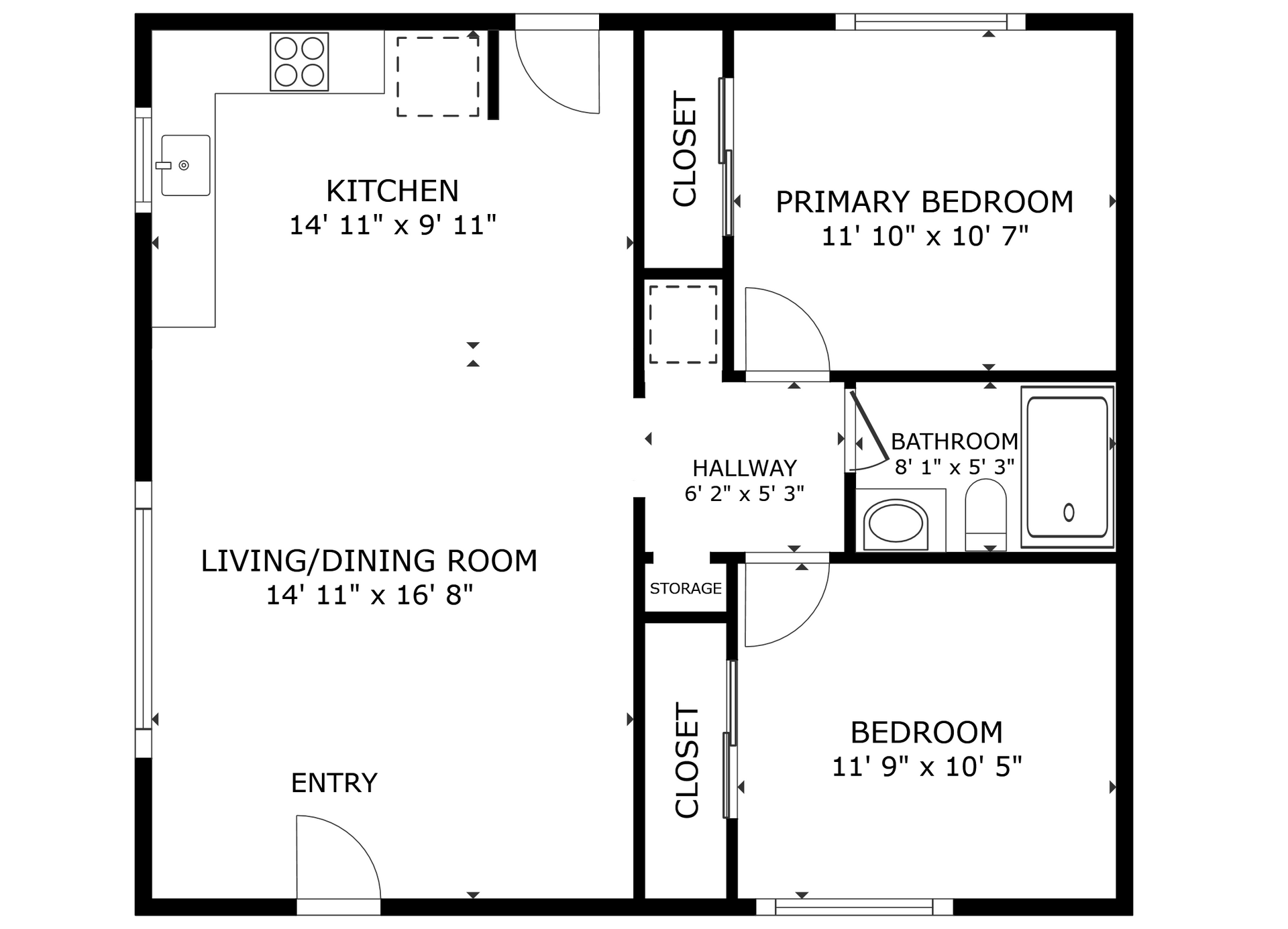 apartment black and white floor plan with room dimensions 