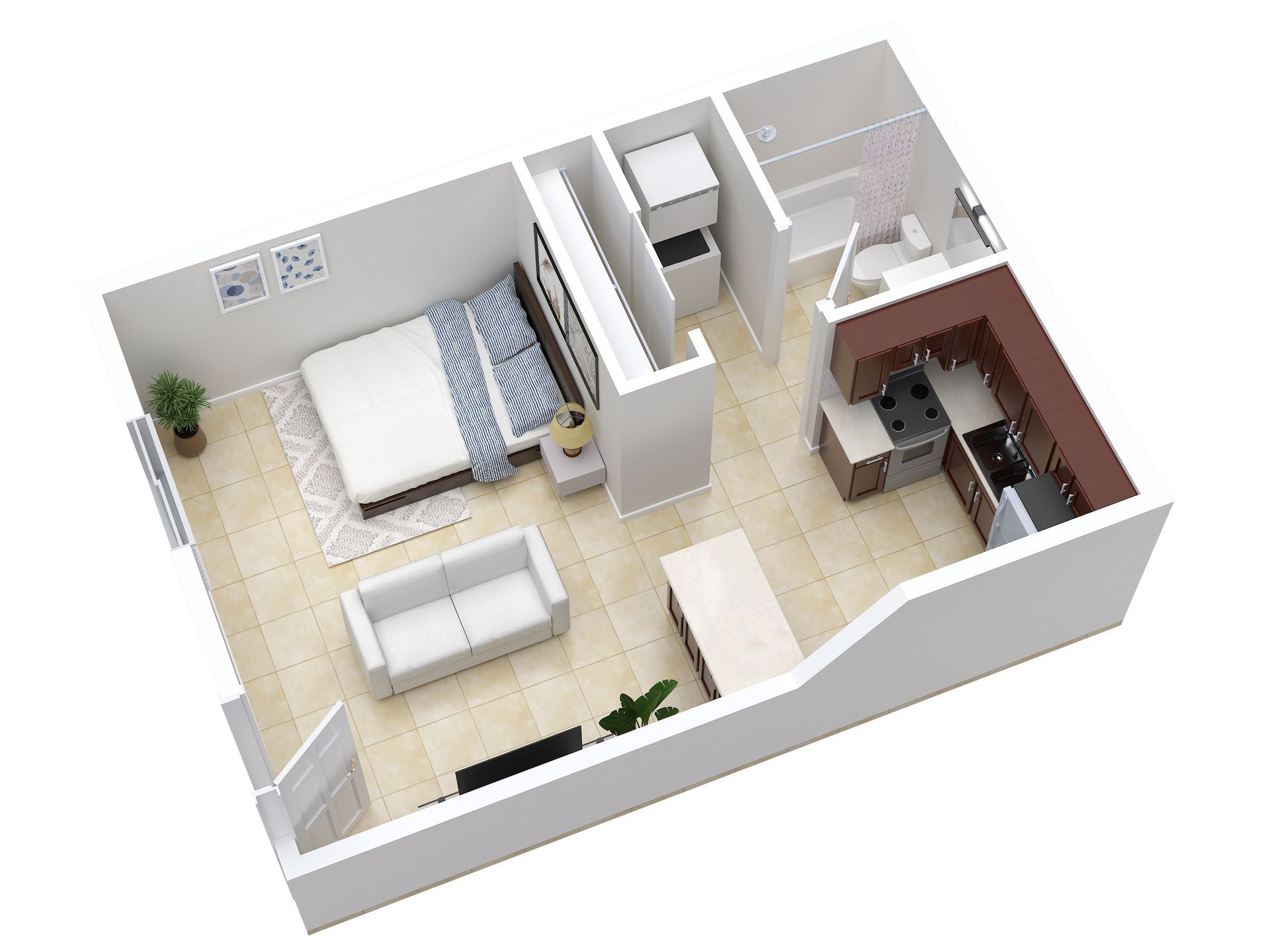 Vivo apartment black and white studio floor plan with room dimensions 