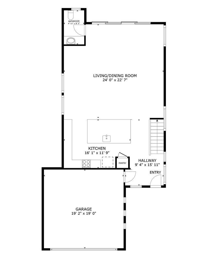 apartment black and white floor plan with room dimensions 