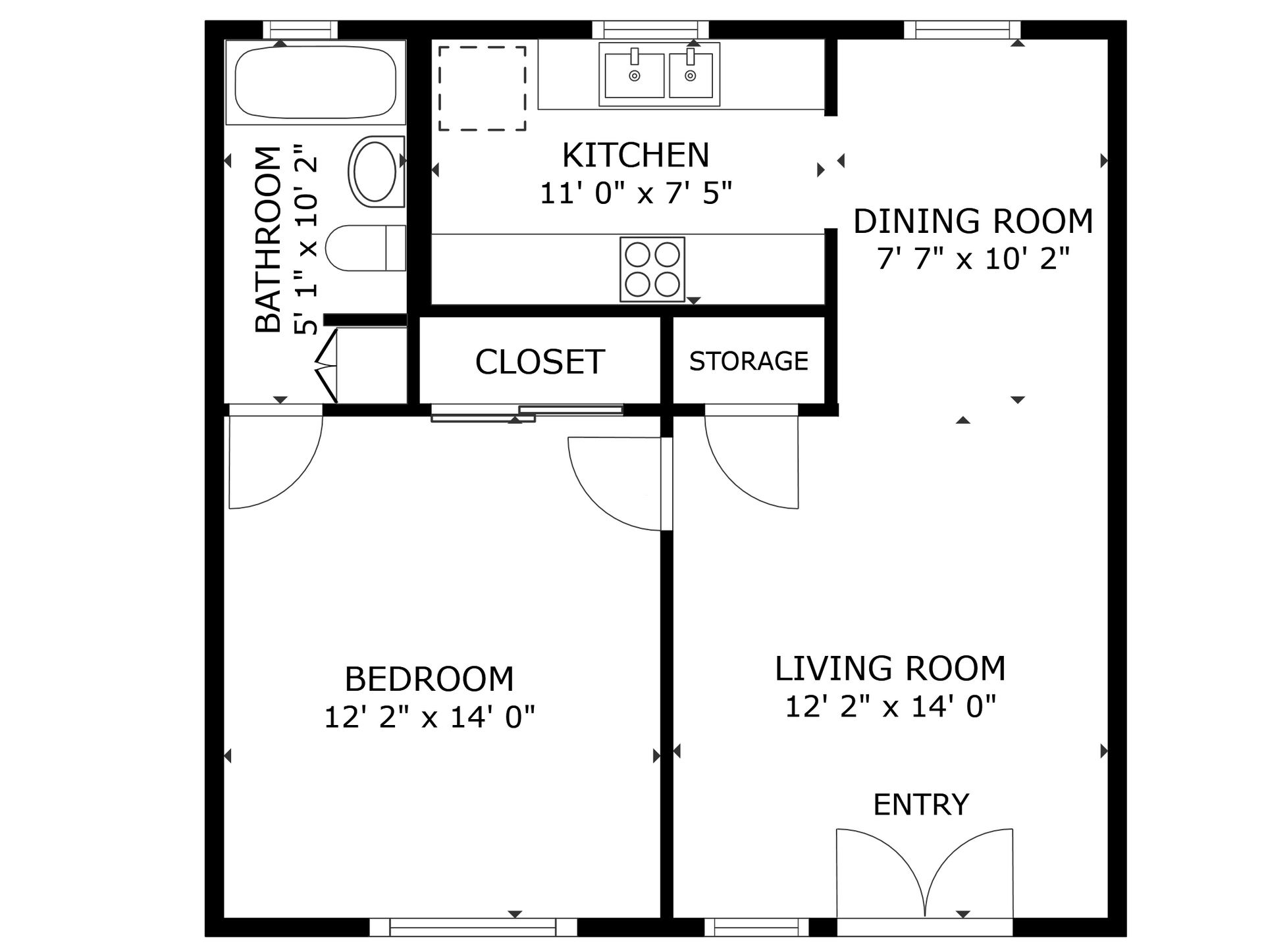 apartment black and white floor plan with room dimensions