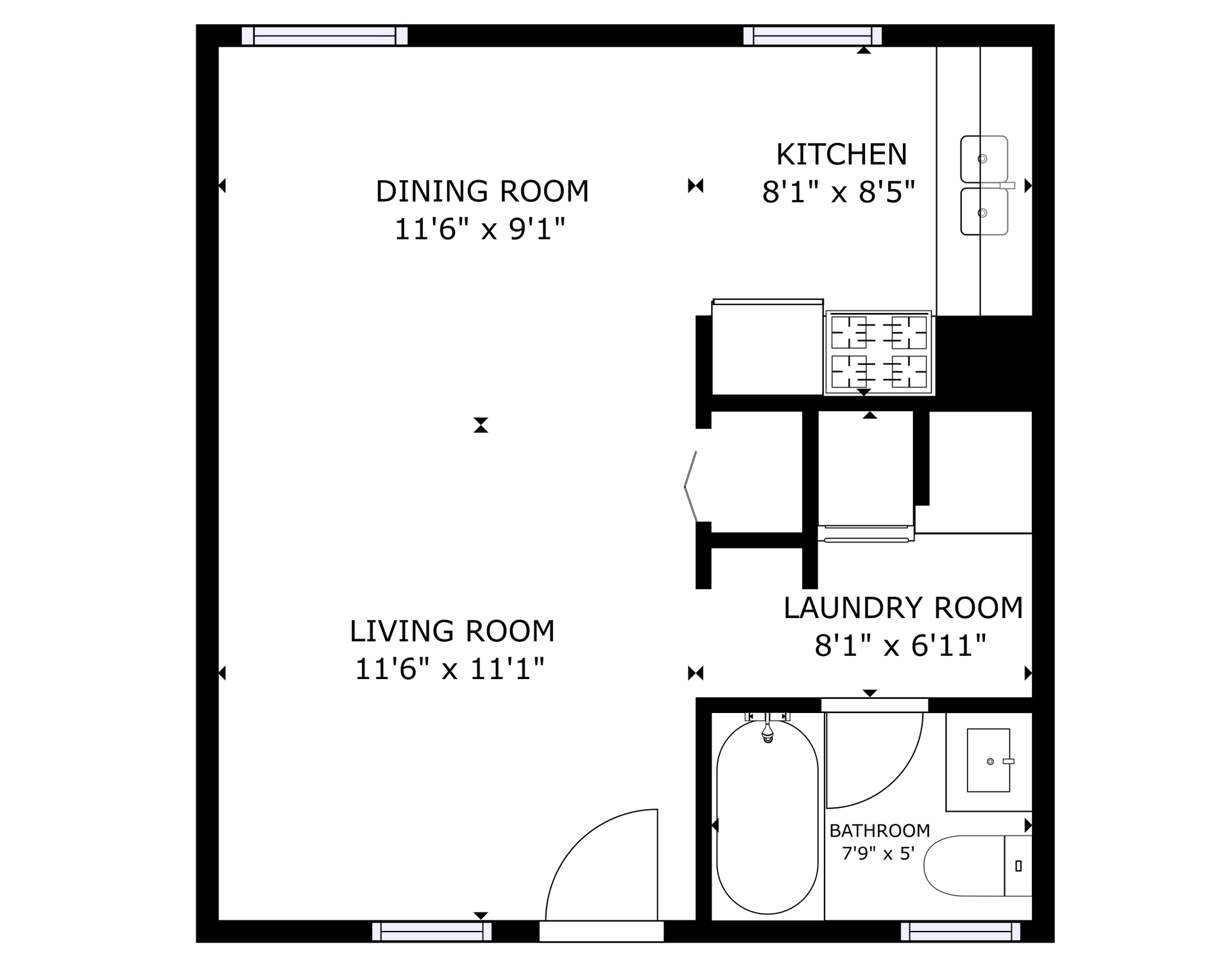 apartment black and white floor plan with room dimensions 