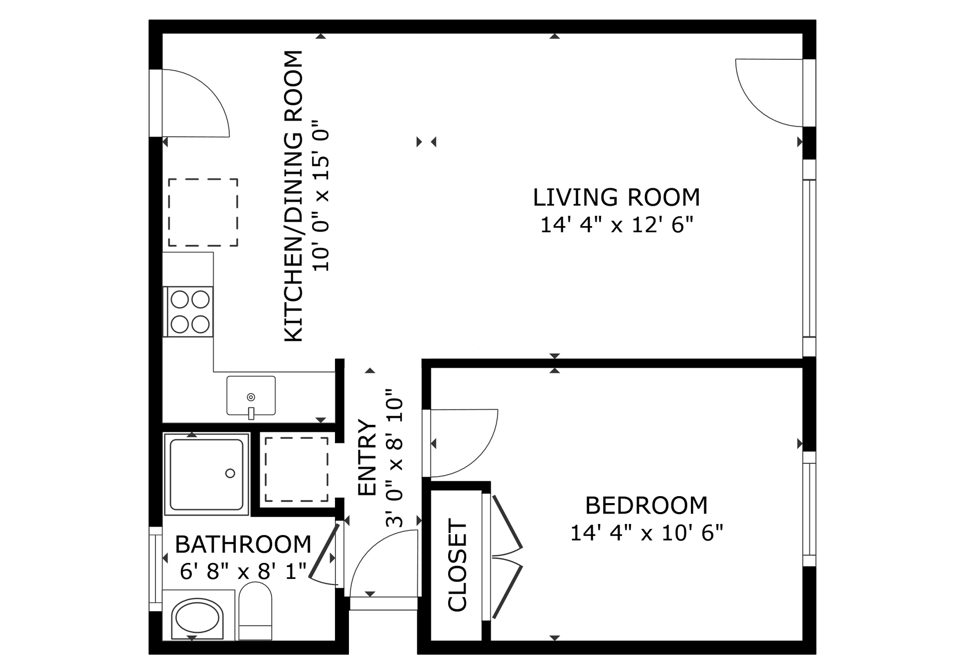 Moderne 20th apartment black and white 1 bedroom floor plan with room dimensions 