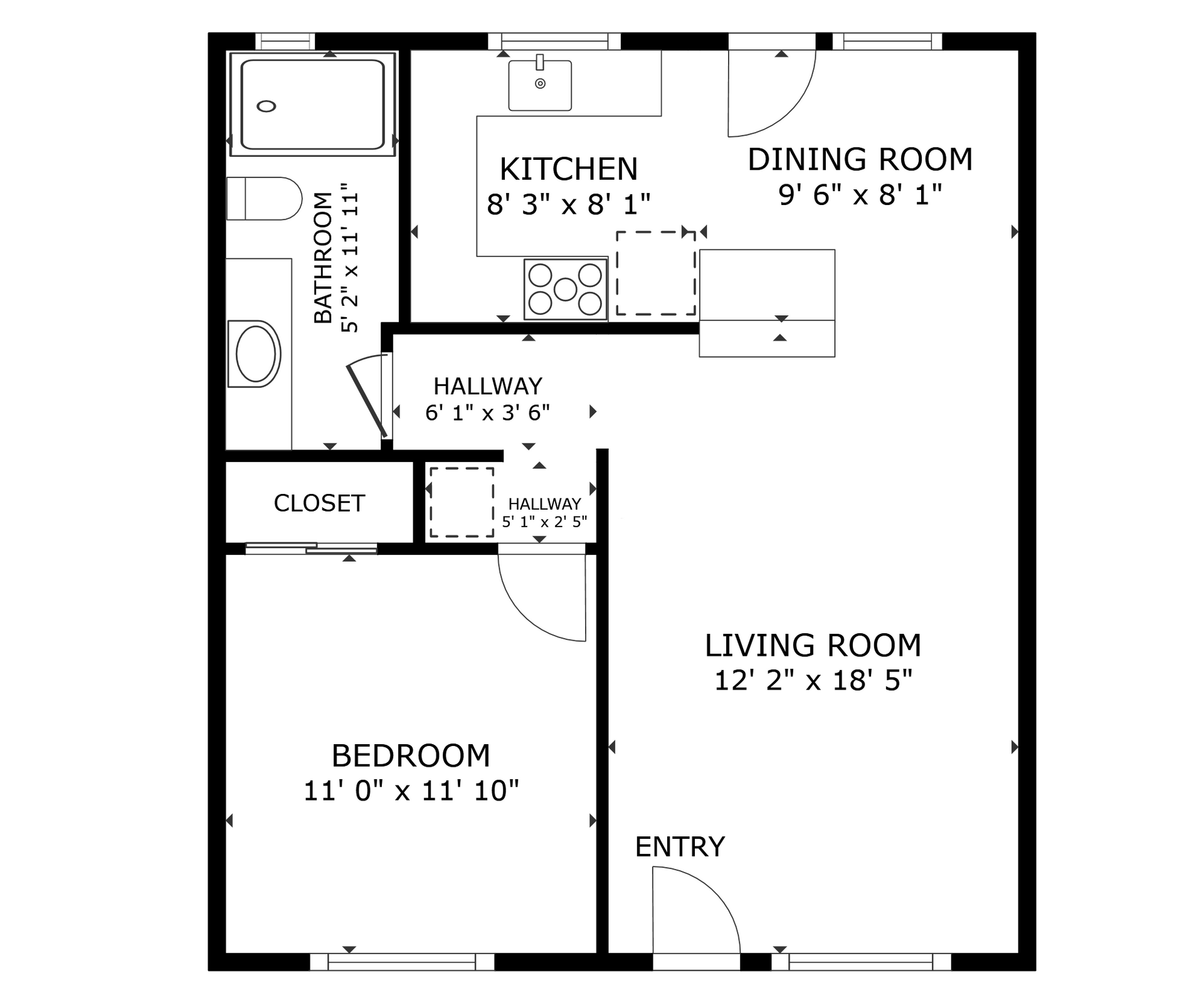 apartment black and white floor plan with room dimensions 