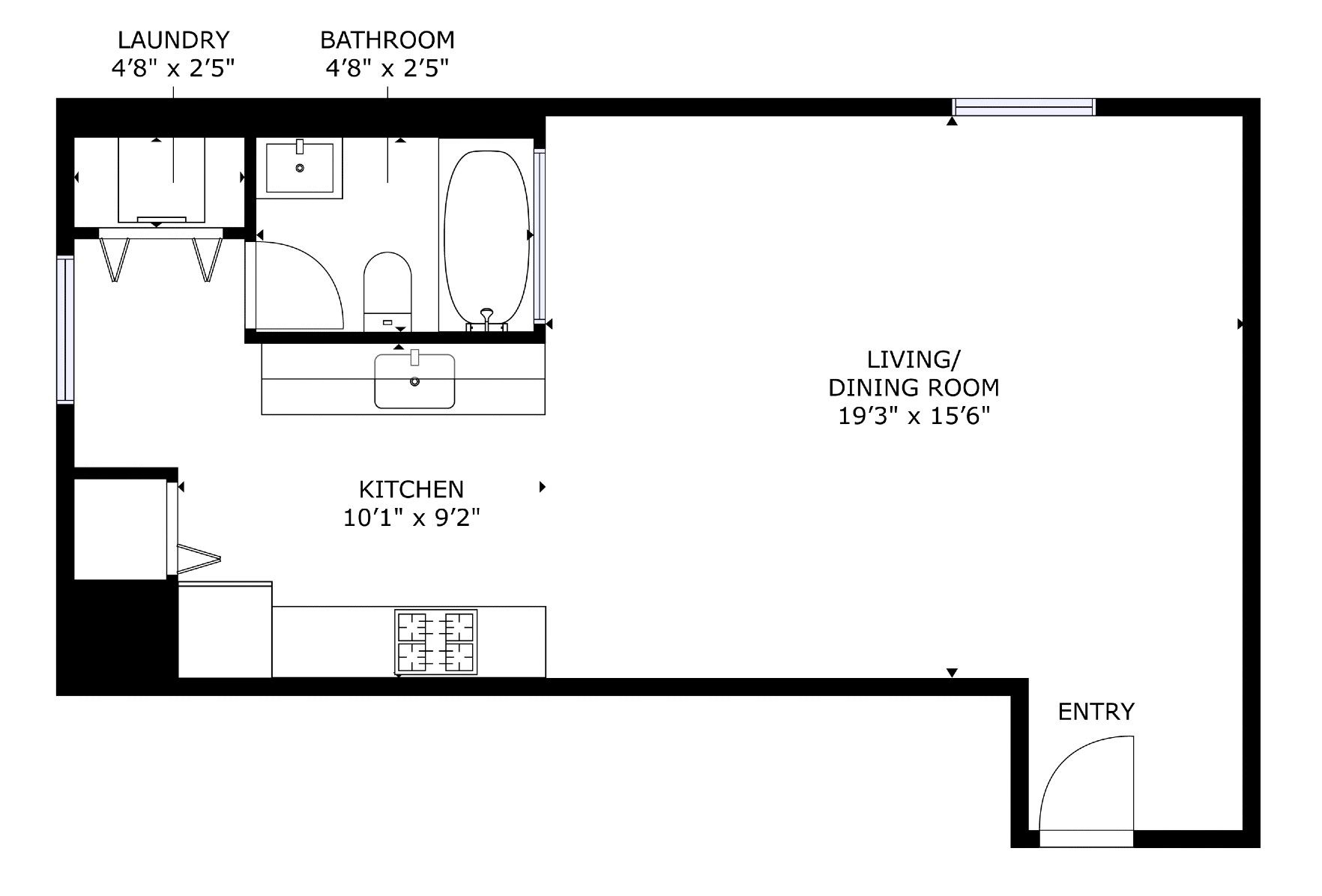 apartment black and white floor plan with room dimensions