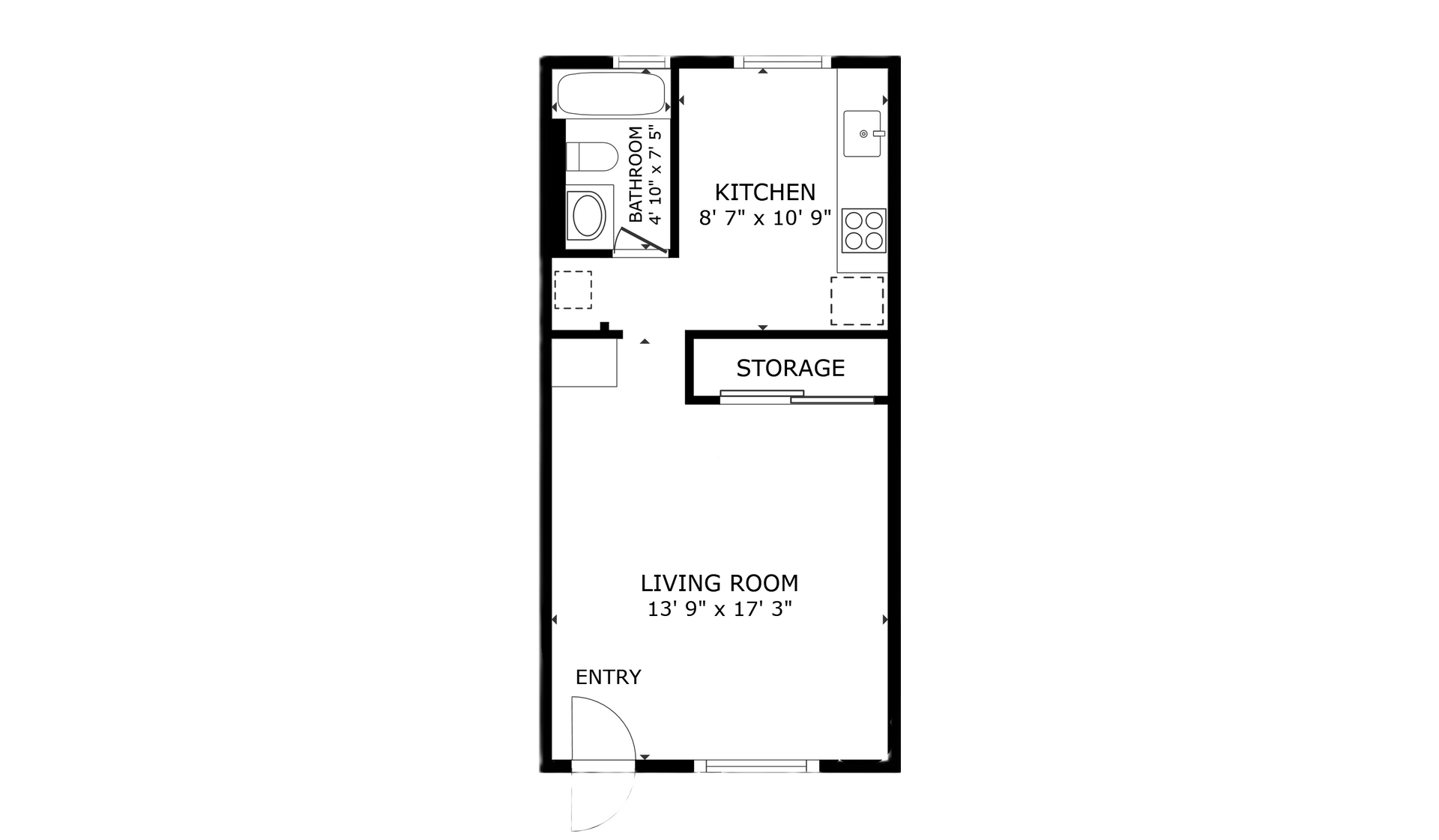 Vivo apartment black and white studio floor plan with room dimensions