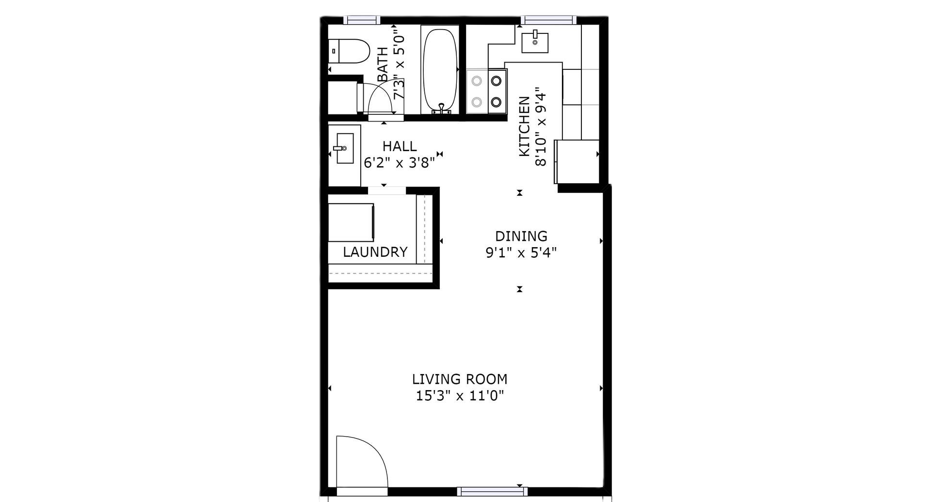 apartment black and white floor plan with room dimensions 