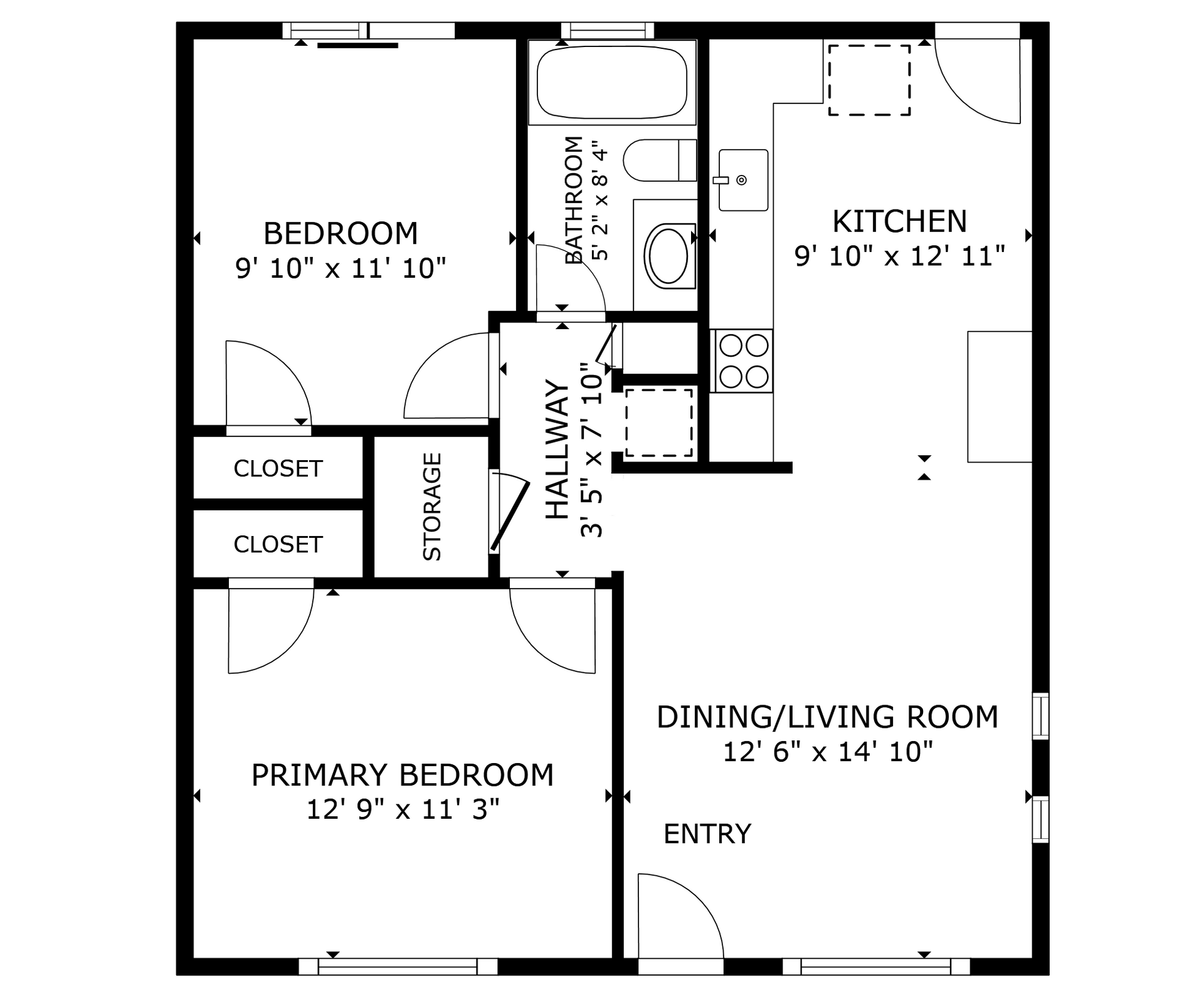 apartment black and white floor plan with room dimensions 