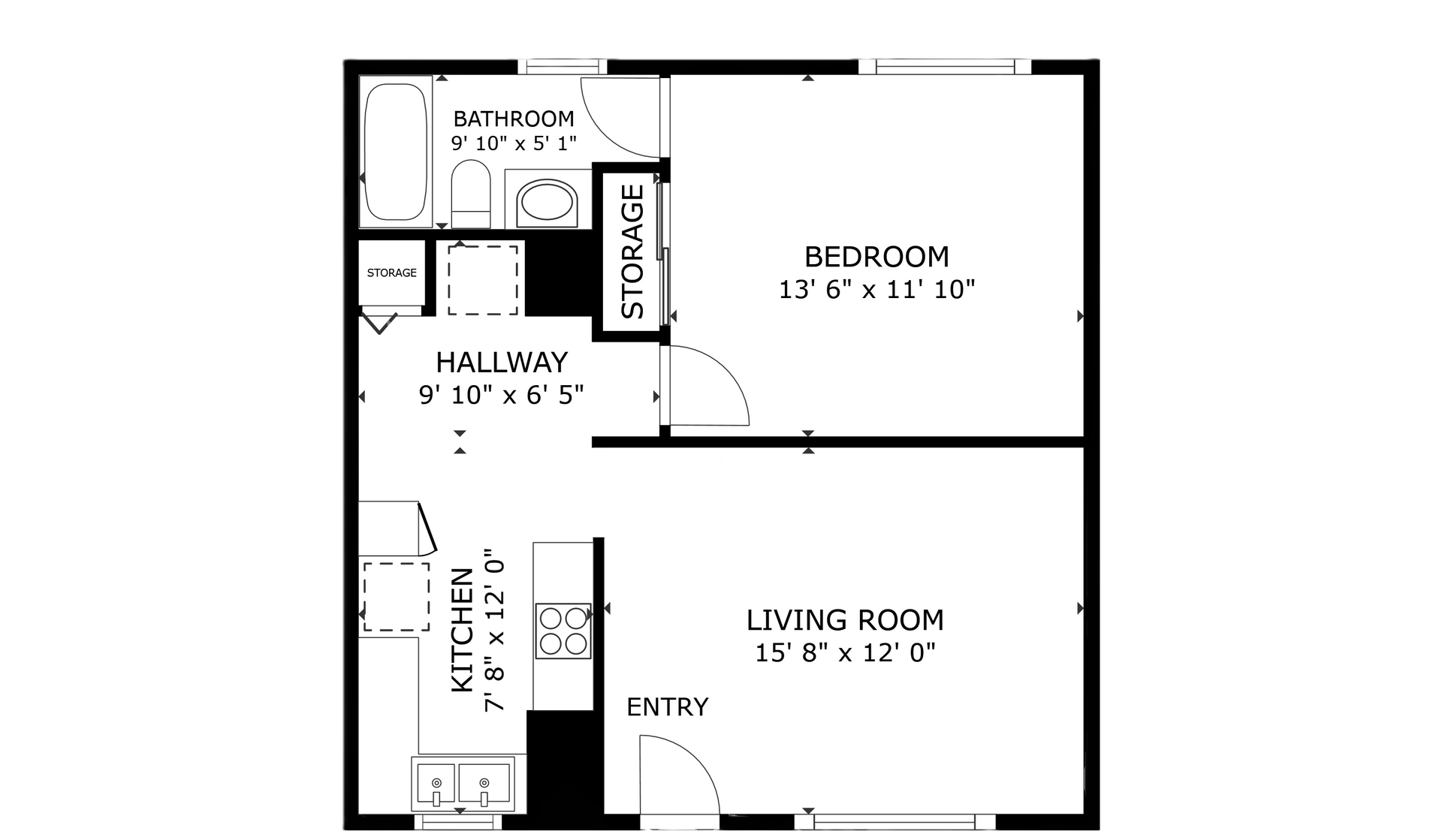 Carlton court apartment black and white 1 bedroom floor plan with room dimensions 
