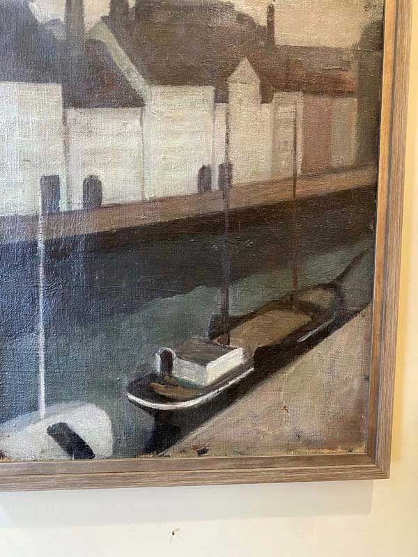 Painting of a canal with moored boats beside white buildings and a stone wall.