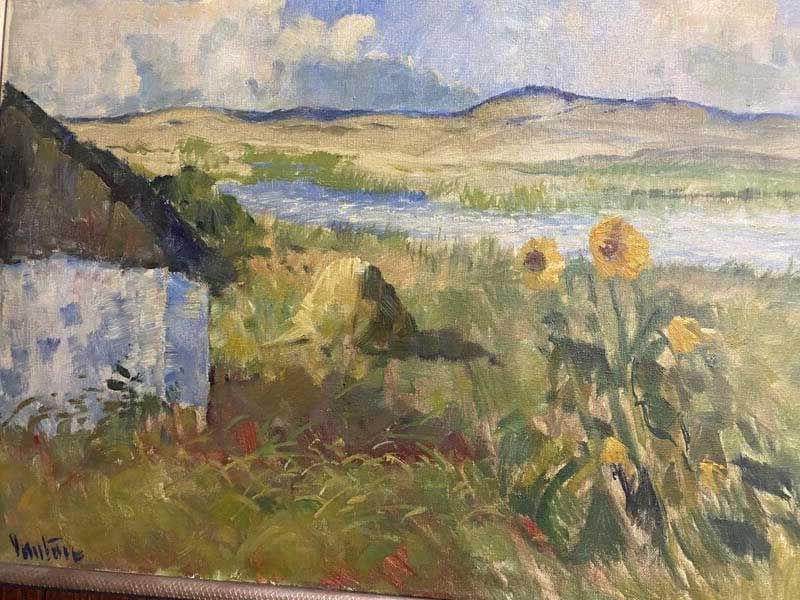 Pastoral watercolor of a countryside landscape with a house, fields, and sunflowers under a cloudy sky