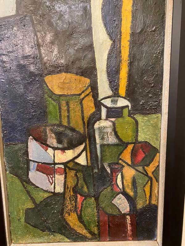 Abstract still life with geometric jars and vessels in black, red, yellow, and green on a textured background