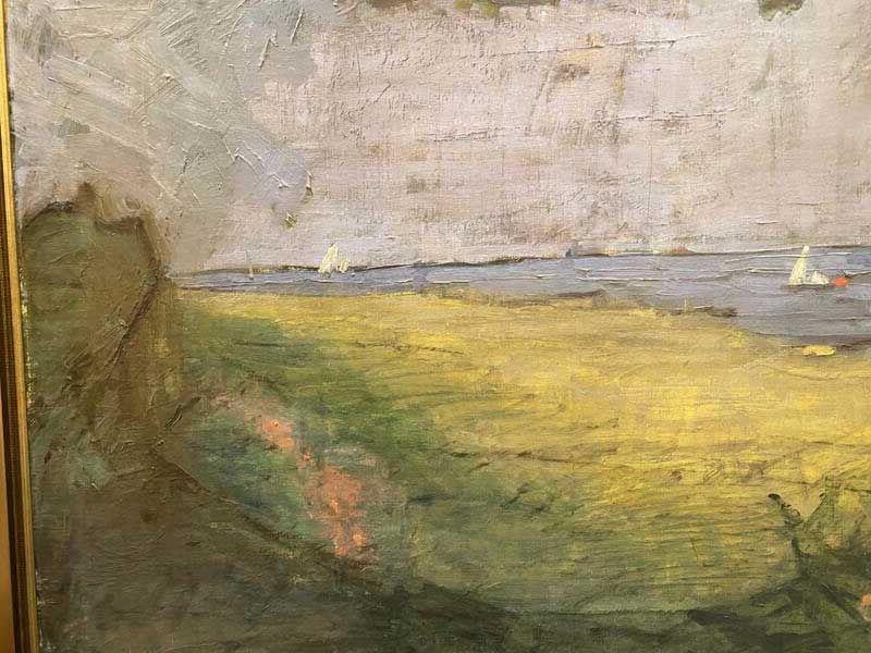 Muted landscape painting of a grassy coastline under a cloudy sky, with a small sailboat on the water.