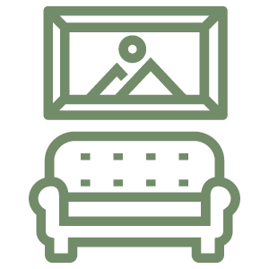 Green outline icons of a framed picture above a sofa, suggesting a living room or interior design symbol