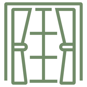 Green line icon of a pair of curtains on a window