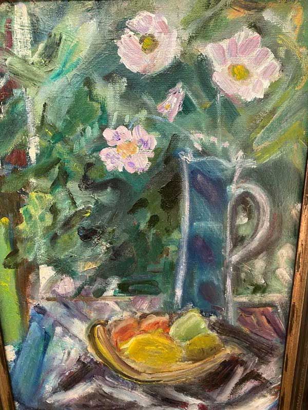 Still life painting of flowers, a blue vase, and a bowl of fruit on a table