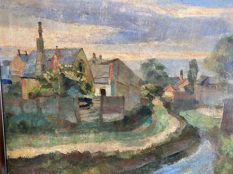 Impressionist village scene with houses, a winding road, and a canal under a cloudy sky