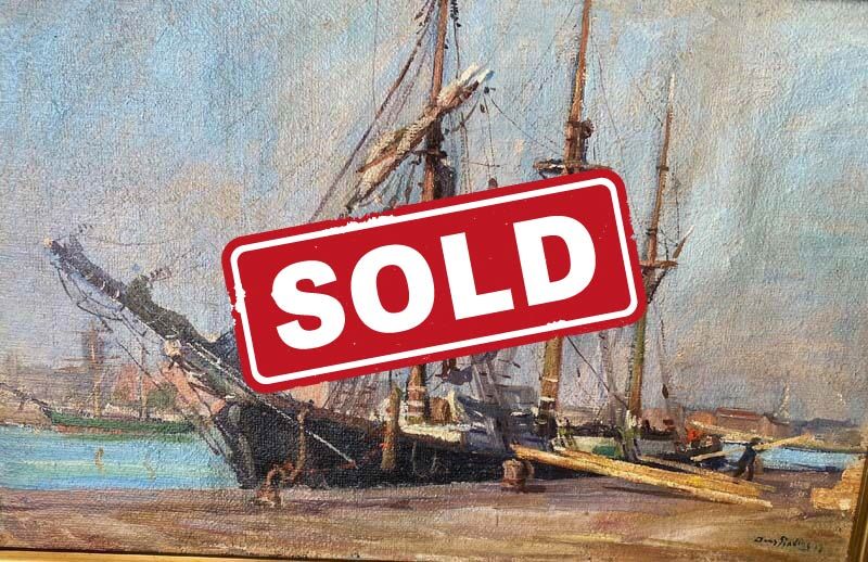 Old wooden sailboat painting with a red