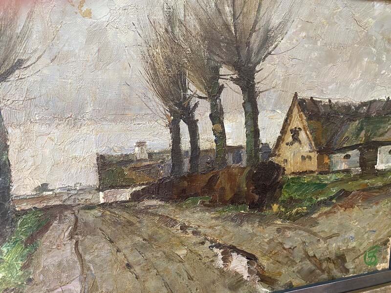Watercolor of a rural road beside leafless trees and a small house under a gray sky.