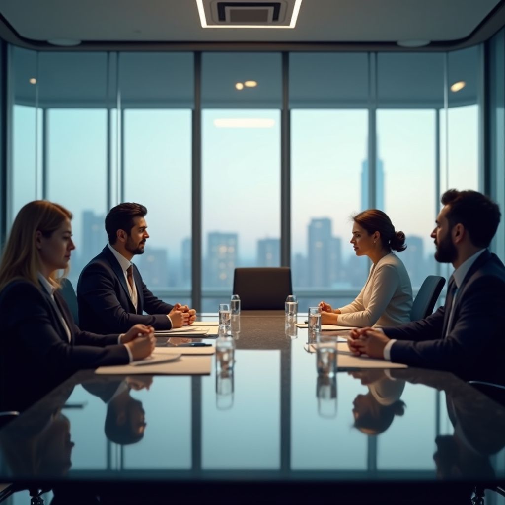Business people in a modern office meeting. They are sitting around a table with city skyline views.