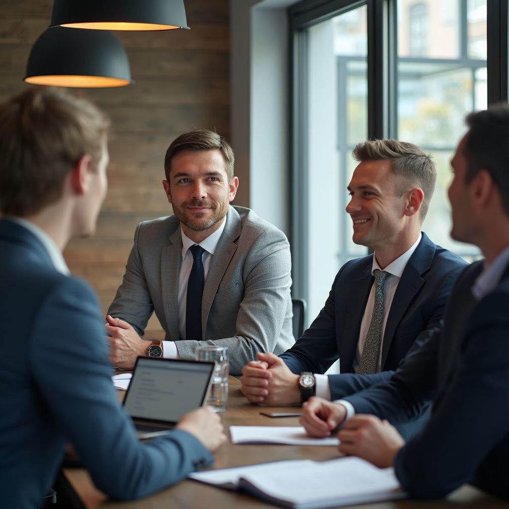 Four suited men in a meeting, around a table with a laptop, smiling, in a bright office.