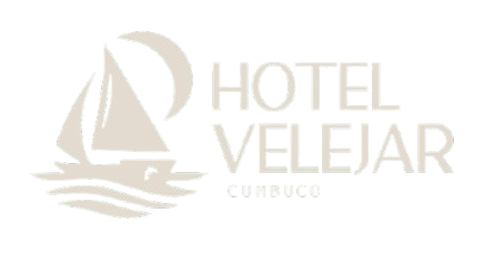 Logotipo do Hotel Velejar Cumbuco com ícone de veleiro em texto bege e branco.