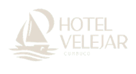 Logotipo do Hotel Velejar Cumbuco com ícone de veleiro em texto bege e branco.