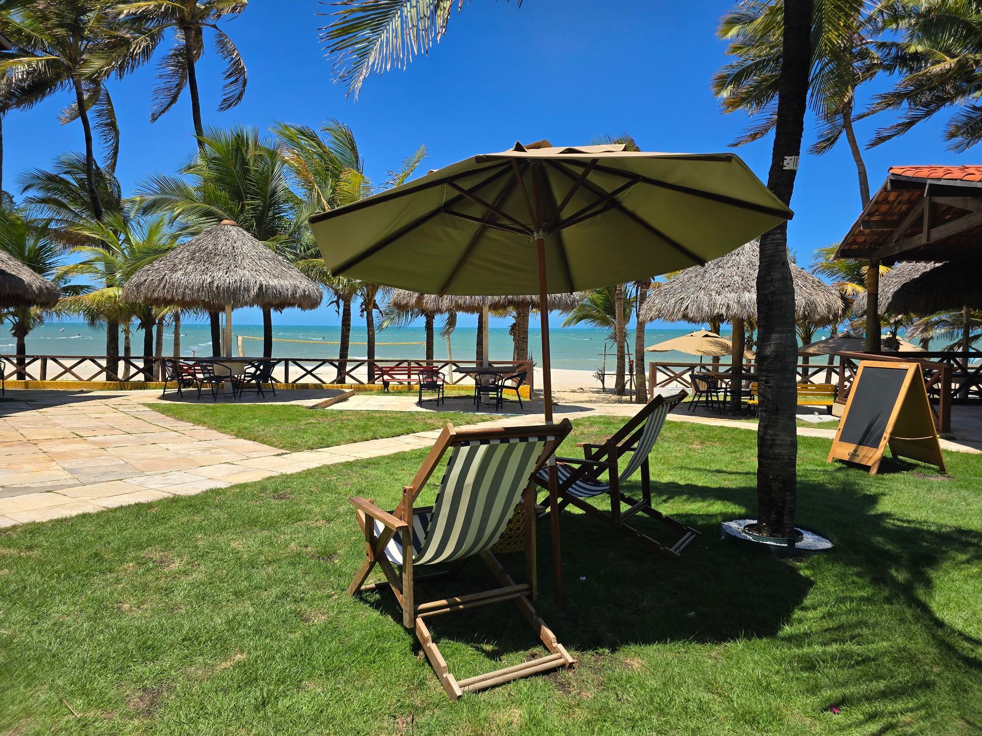 Resort de praia com espreguiçadeiras e guarda-sóis em um gramado ensolarado à beira-mar.