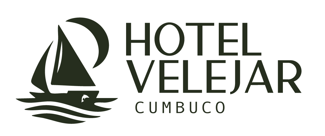 Logotipo do Hotel Velejar Cumbuco com um veleiro e uma palmeira em preto e verde.
