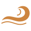 Logotipo abstrato em forma de onda laranja com um pequeno círculo sobre fundo branco.