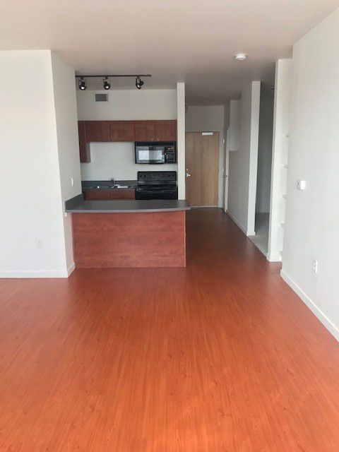 Empty apartment living area with wood flooring and a small kitchen counter at the back