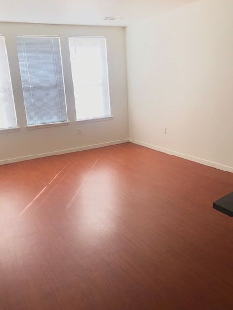Empty room with reddish wood floor and two windows letting in daylight.