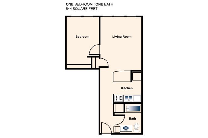 One-bedroom, one-bath apartment floor plan with living room, kitchen, bath, and bedroom.