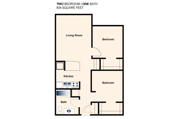 Floor plan of a two-bedroom, one-bath apartment with living room, kitchen, and bathroom layout.
