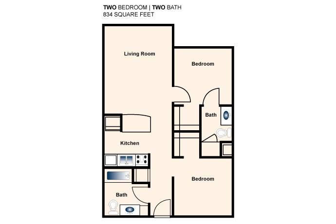 Two-bedroom, two-bath apartment floor plan with living room, kitchen, and bedrooms