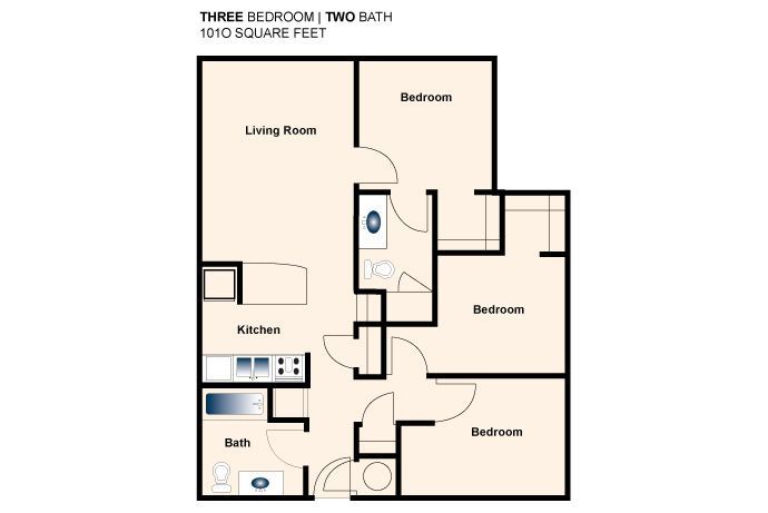 Floor plan of a two-bedroom, two-bath home with living room, kitchen, and balcony.