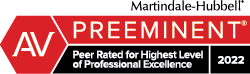 A logo for Martindale-Hubbel, highlighting the attorney's top peer rating.