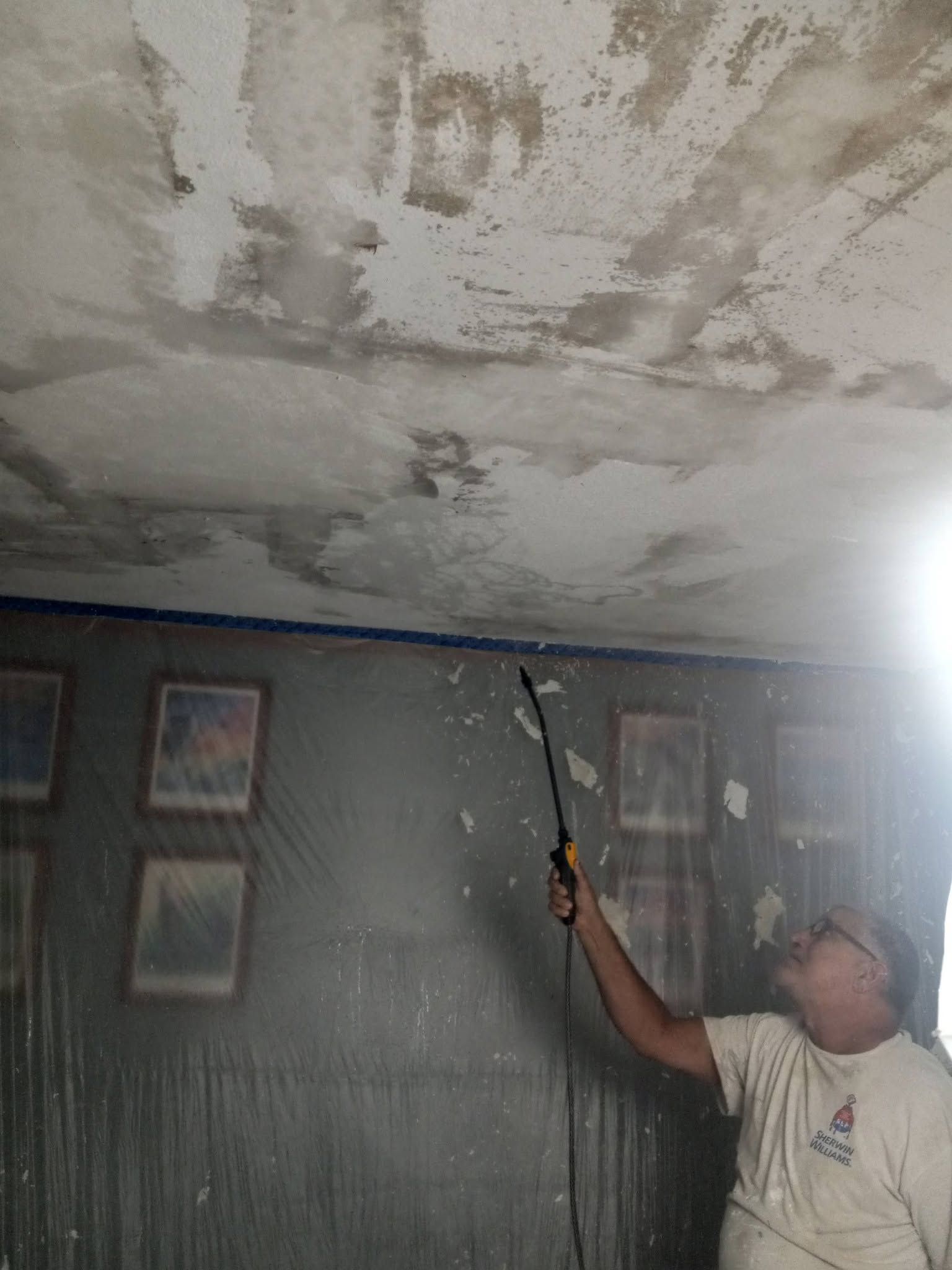 Person spray-painting a stained ceiling in a room with gray walls and framed pictures