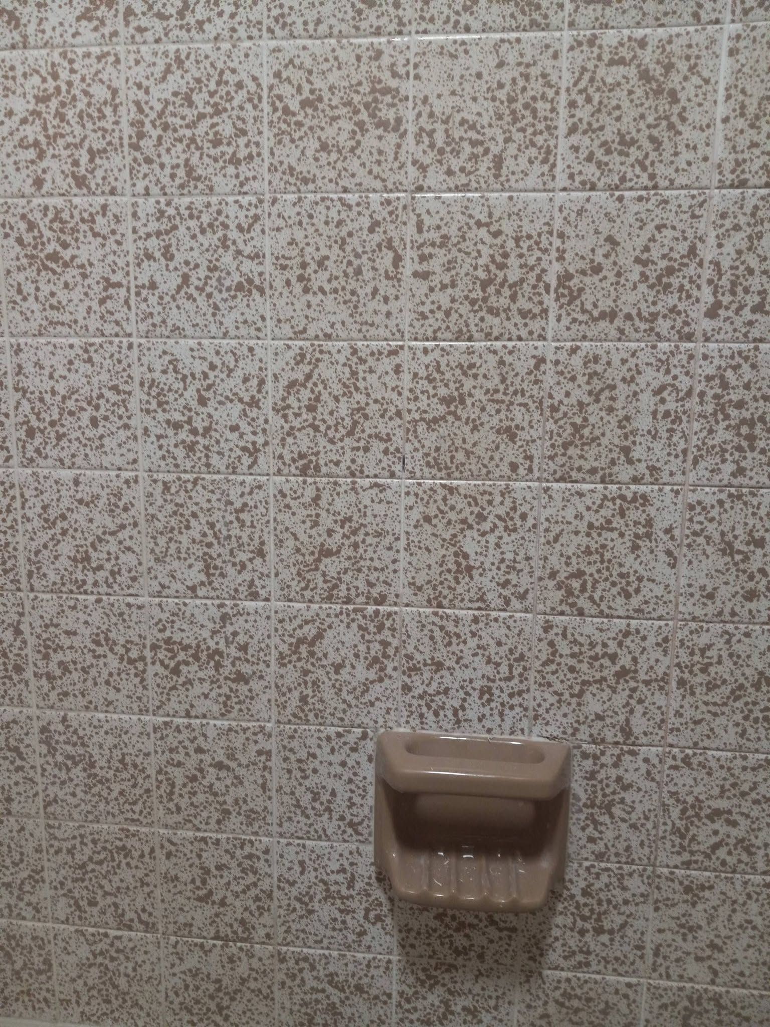 Brown wall-mounted toilet paper holder on a speckled tile wall.