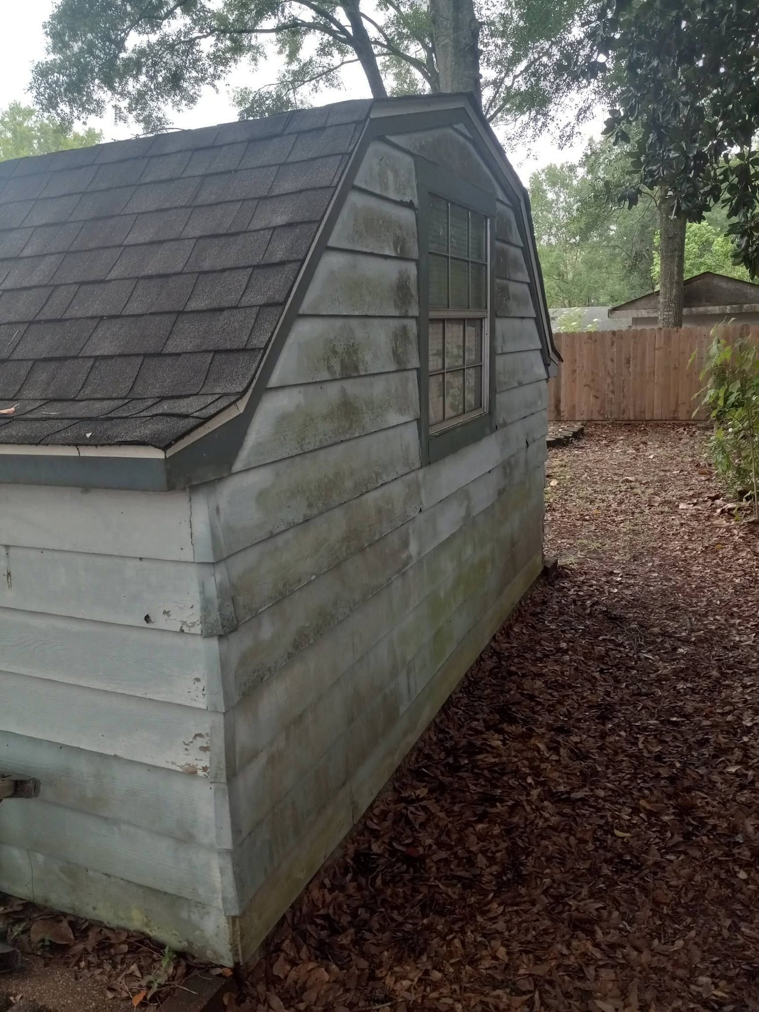 Weathered gray wooden shed with a shingled roof and a window, beside a fence under trees.