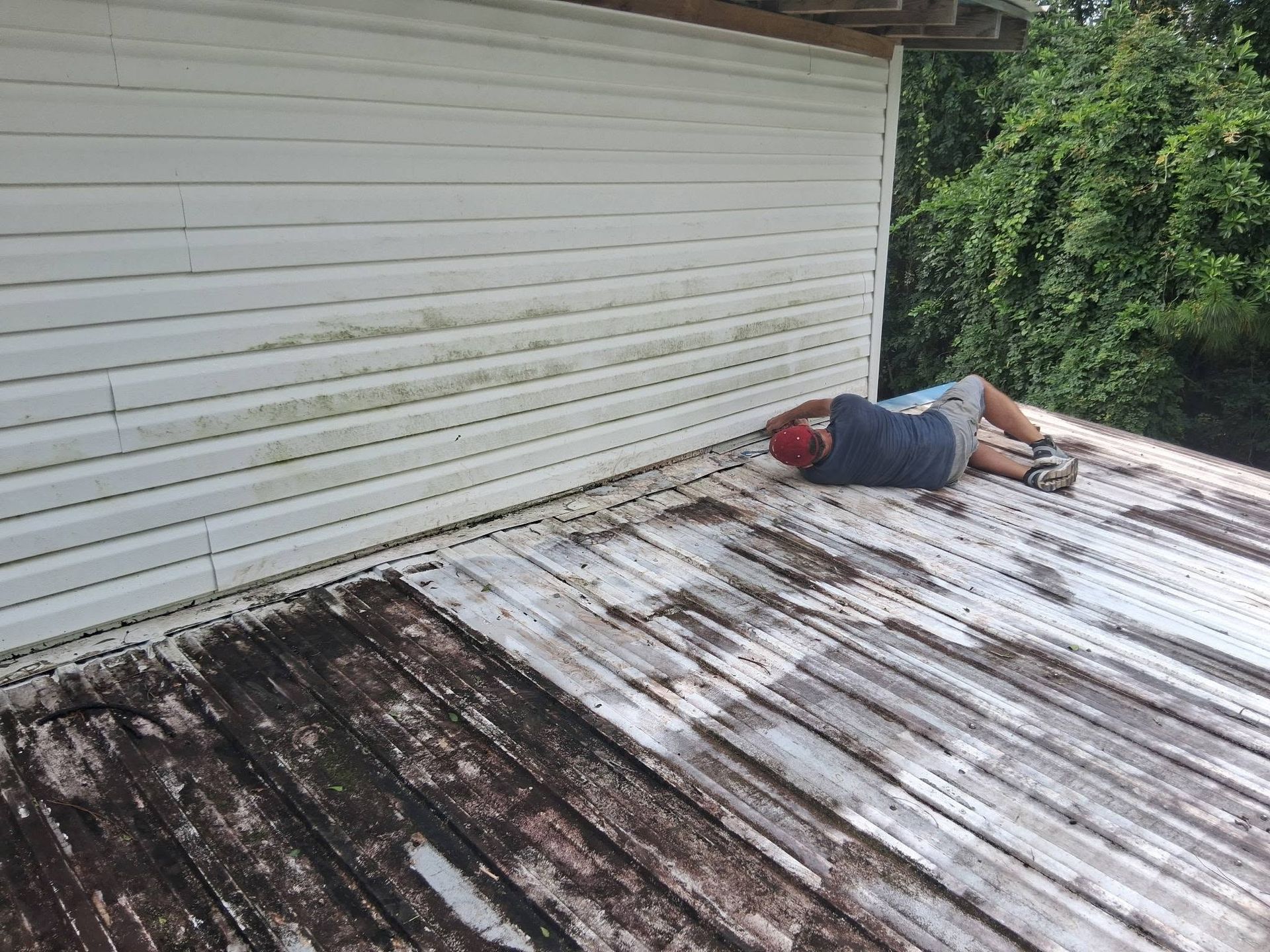 Person lying on a weathered white metal roof beside a white-sided building and green bushes
