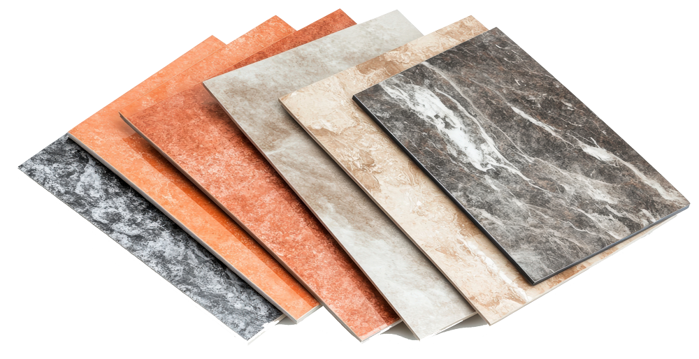 Tiles in various colors and patterns: gray, orange, beige, and marble-like textures.