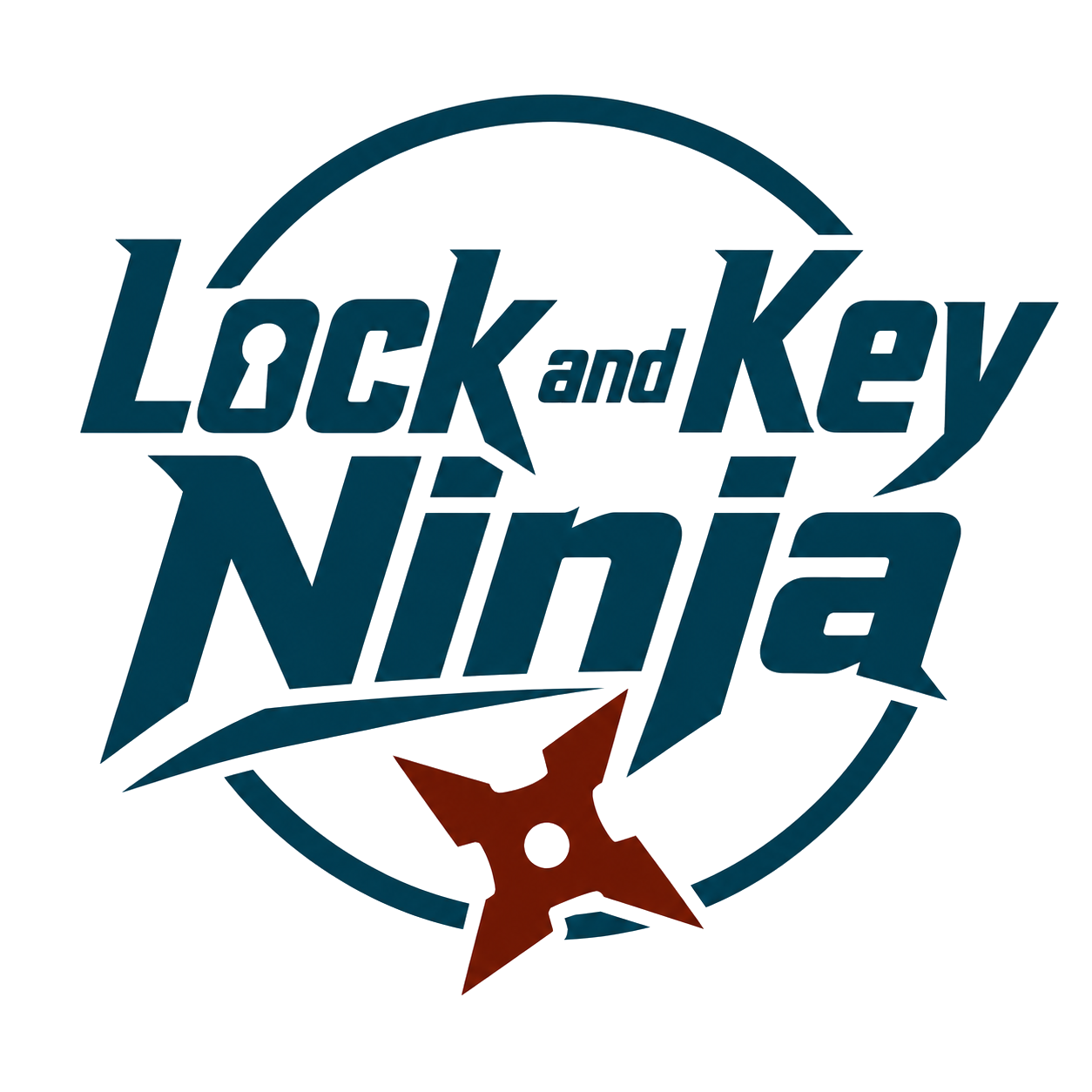 Lock and Key Ninja logo in blue and rust with a circular emblem and shuriken icon