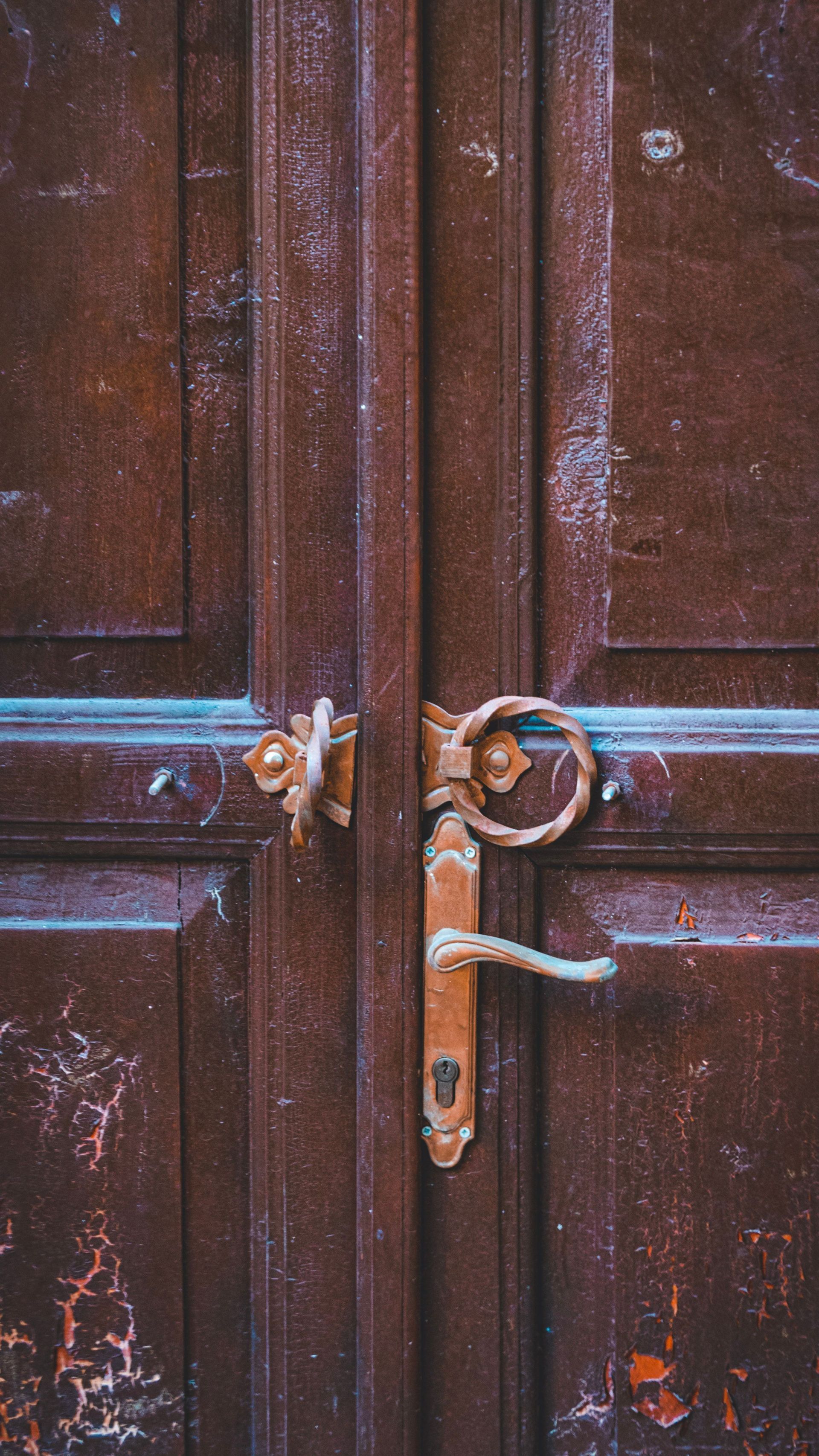 Closed dark wooden double doors with a metal handle and lock