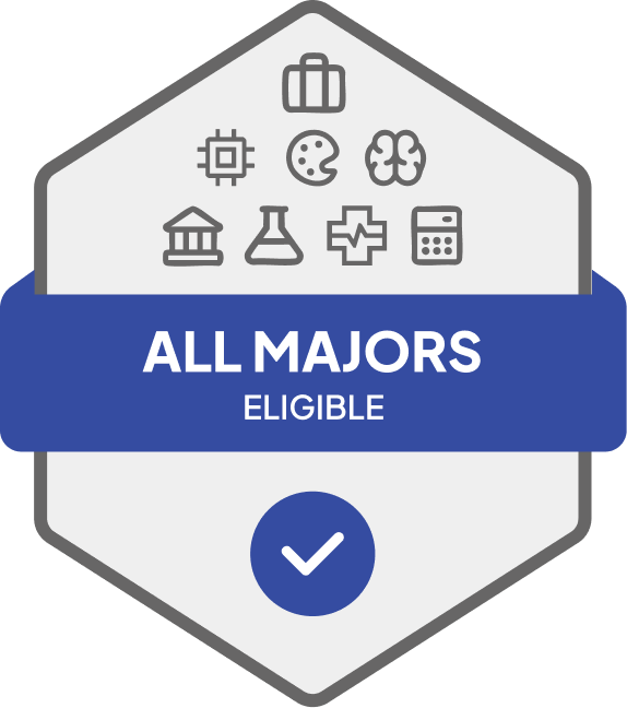 Badge with blue banner: 