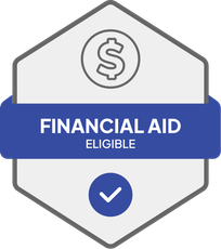 Badge: Financial Aid Eligible, blue banner, building icon, dollar sign.
