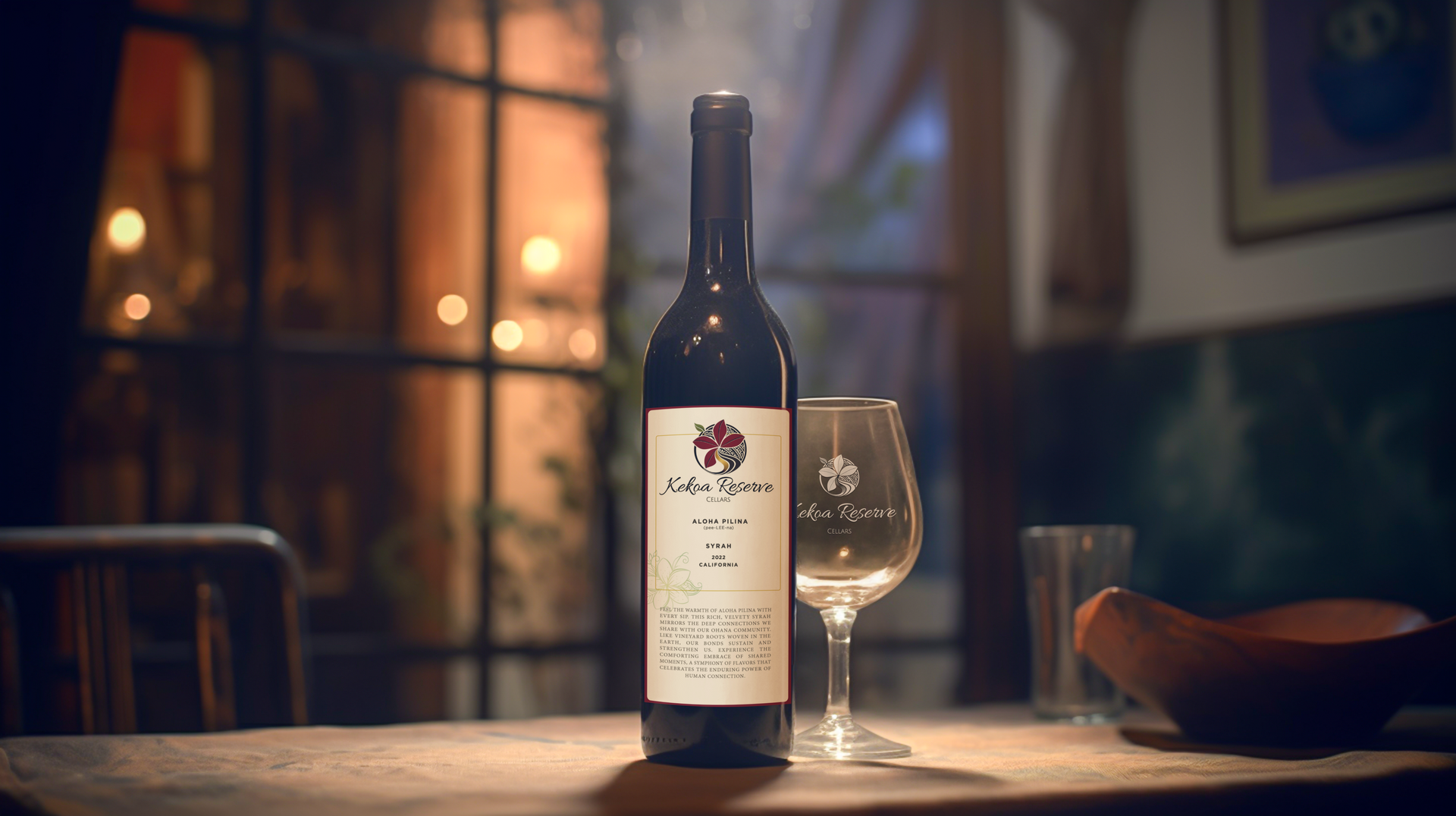Wine bottle and glass on wooden table in dimly lit room, with blurred background.