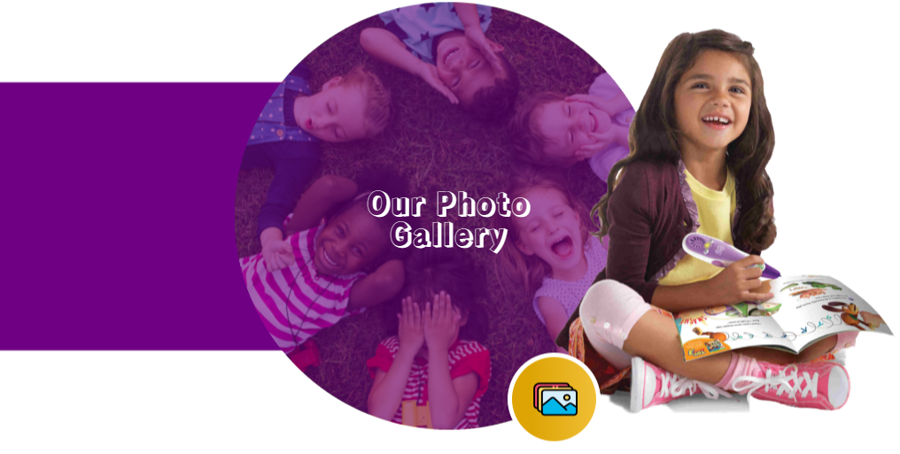 Purple banner with circular kids' photo, “Our Photo Gallery” text, and a child holding art supplies