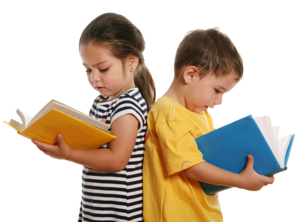 Two children standing back to back, reading colorful books on a white background